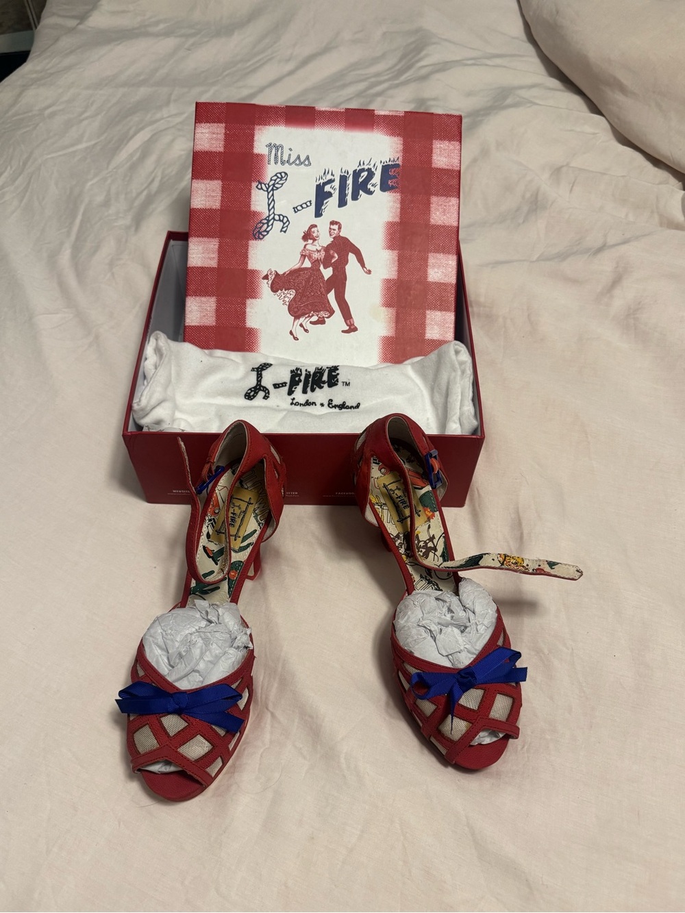 Miss L-Fire Red Peep-Toe Heels with Blue Bow Accent